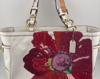 Torba Vintage Coach 9244 Poppies for Peace Gallery Tote z białej skóry Y2K