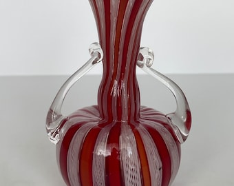 Vintage MURANO LATTICINO Red and White Ribbon Vase