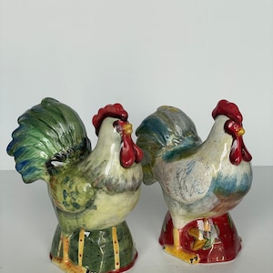 Vintage Ceramic Chicken Salt + Pepper Set CIC China SW  Vintage Rooster + Hen Shakers Figurines