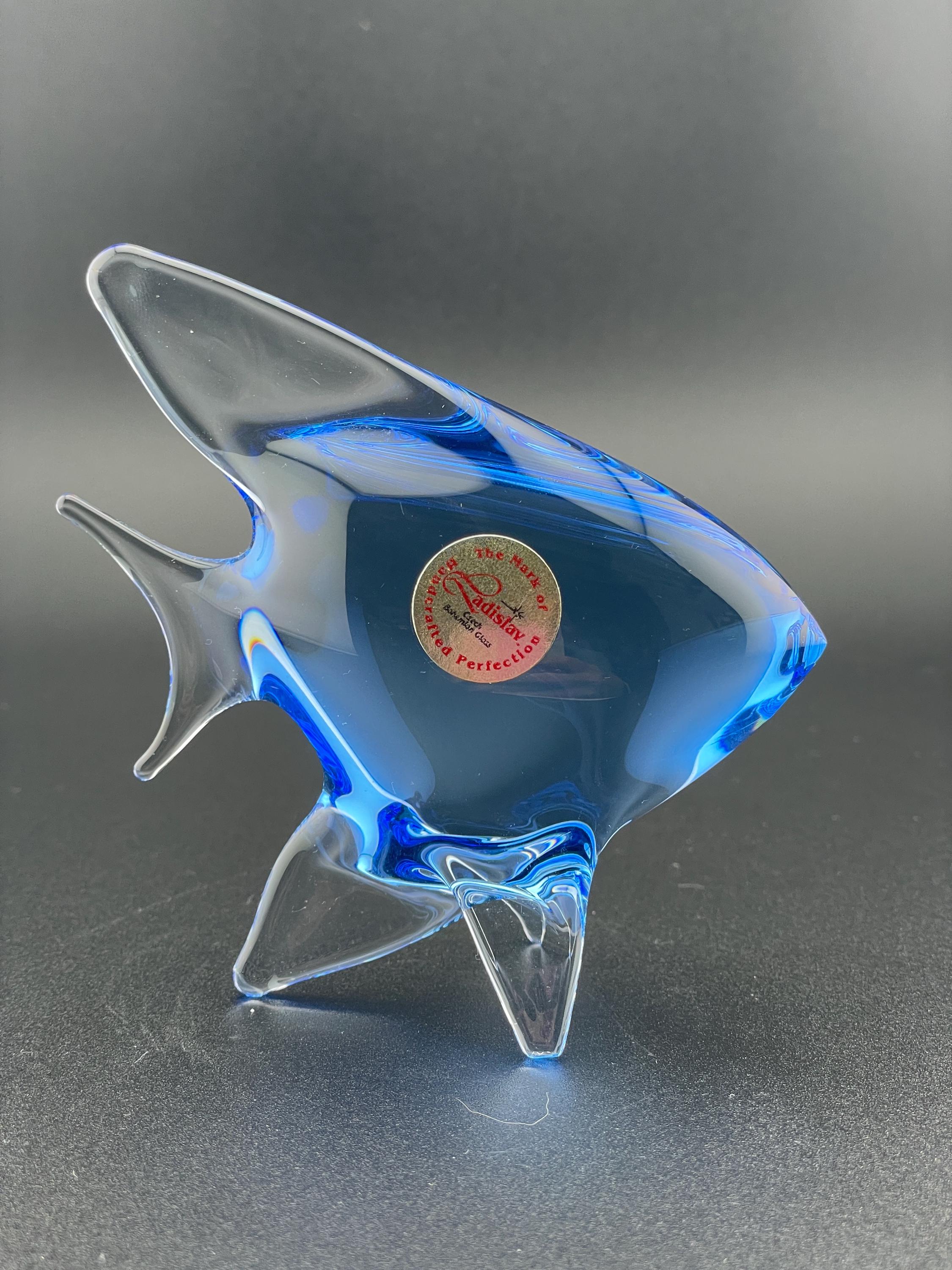Bohemian Czech Ladislav Art Glass Blue Fish Sculpture Figurine