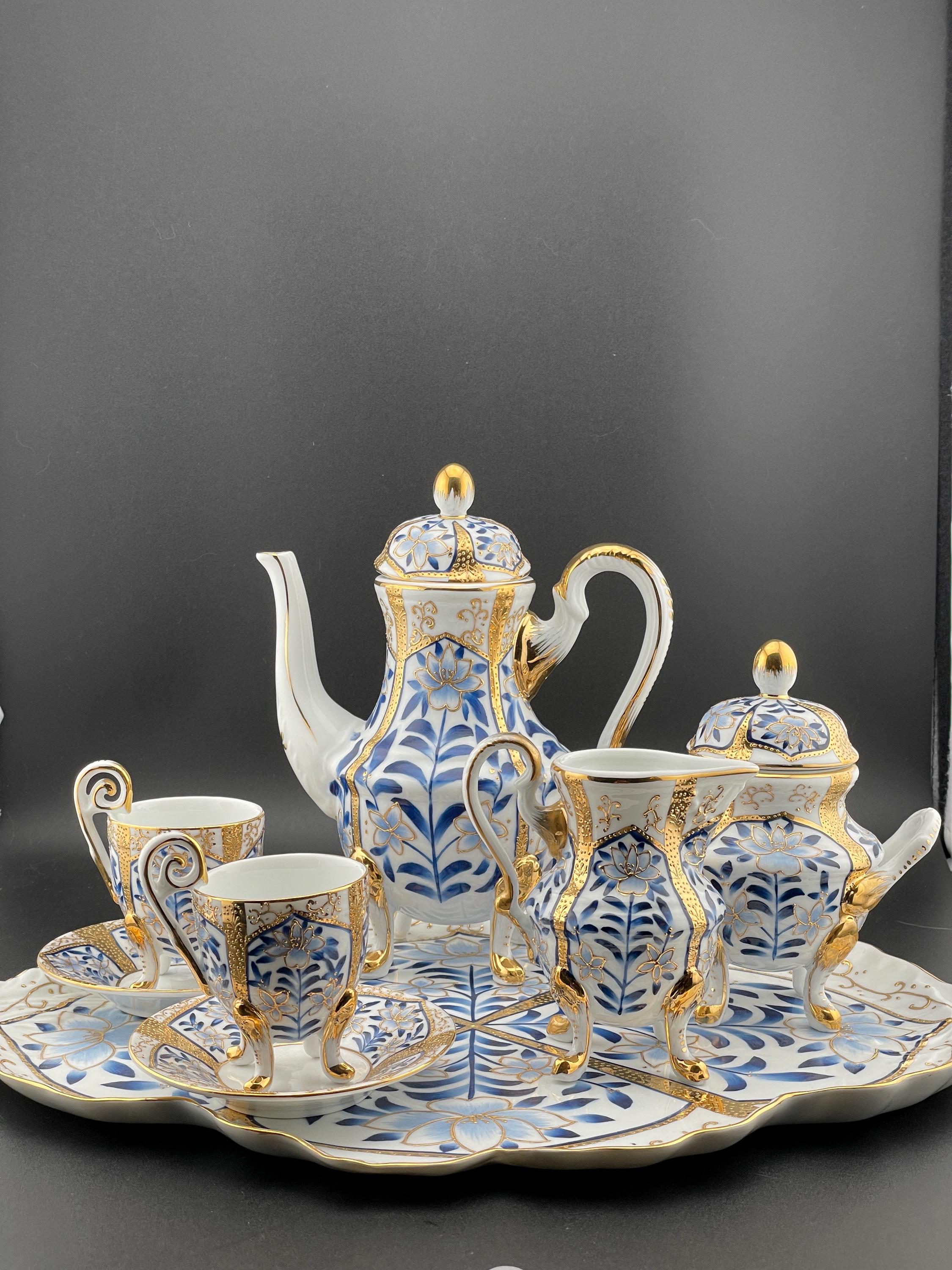 Exquisite Vintage French Sevre Decor Blue & Gold Demitasse Set - Teapot, Footed Cups Saucers, Tray, Sugar and Creamer