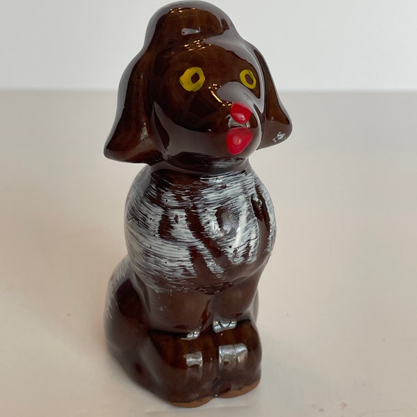 Vintage Redware Ceramic Glazed Brown & White Poodle Dog Figurine