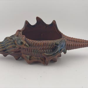 May include: A brown ceramic seashell-shaped planter with a textured surface. The planter has a wide opening and a pointed end. Accents of blue and green are visible on the edges. A decorative item for home decor.