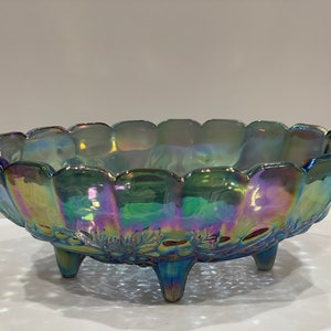 Large Iridescent Blue Carnival Glass Footed Bowl Harvest Pattern Oval Center Bowl - 2211