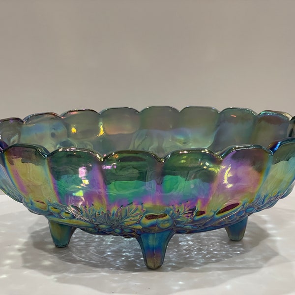 Large Iridescent Blue Carnival Glass Footed Bowl Harvest Pattern Oval Center Bowl - 2211