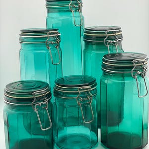 Vintage Green 12 Panel Glass Kitchen Canisters - Set of 6