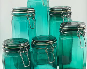 Vintage Green 12 Panel Glass Kitchen Canisters - Set of 6