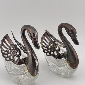 Vintage 1950&#39;s Silver and Glass Swan Salt Cellars