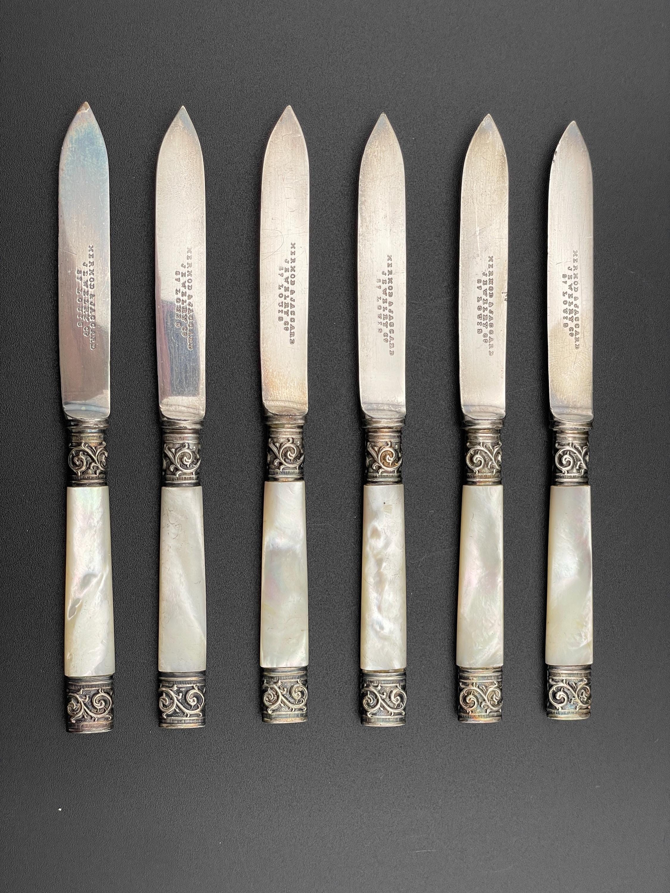 Vintage Set of 6 Mother of Pearl Handle Knives  Mermod & Jaccard Jewelry St Louis