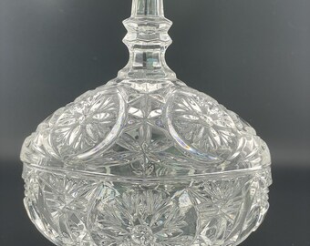 Vintage Crystal Footed Candy Bowl with Spire Steeple Lid, Starburst Pattern.