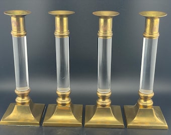 Pair of Vintage Clear Lucite and Brass Mid Century Candle Sticks