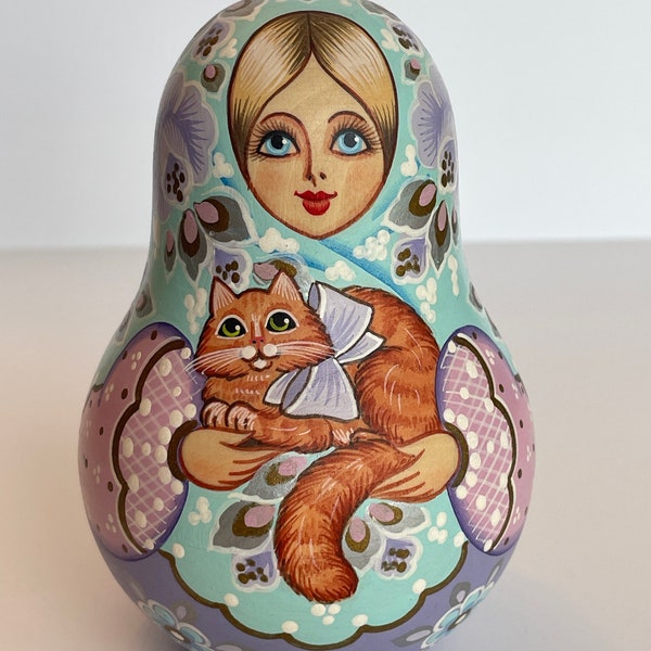 Sovak Russian Matryoshka Rolly Polly bell doll chime Girl with Cat