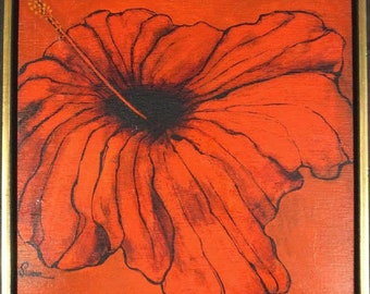 Hibiscus rouge par l'artiste texane Trudy Sween, huile sur toile signée