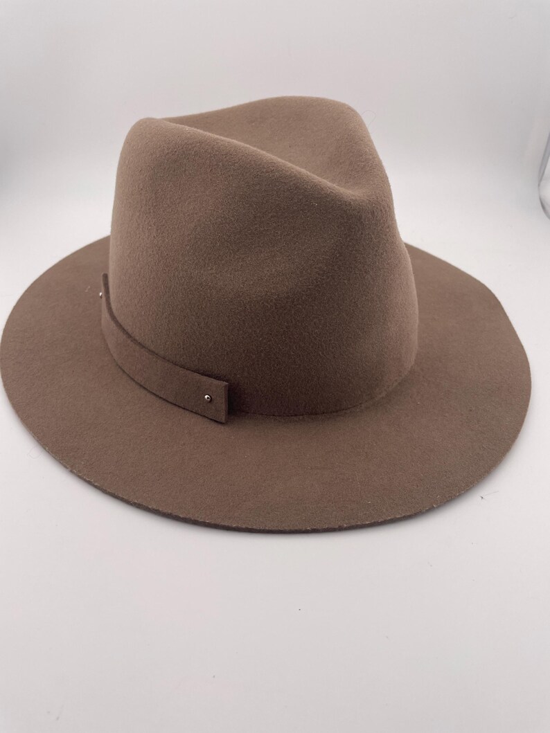 Puede incluir: Un sombrero fedora marr&oacute;n con ala ancha y una banda alrededor de la corona. El sombrero tiene una forma cl&aacute;sica y estructurada y est&aacute; hecho de un material suave similar al fieltro. La banda est&aacute; asegurada con un peque&ntilde;o detalle met&aacute;lico.