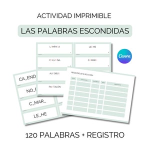 Puede incluir: Una hoja de actividad imprimible con fondo verde y el texto "LAS PALABRAS ESCONDIDAS" en negro. La hoja incluye una cuadrícula con palabras ocultas dentro y una sección separada para registrar las palabras encontradas. La hoja también incluye el texto "120 PALABRAS + REGISTRO" en negro.