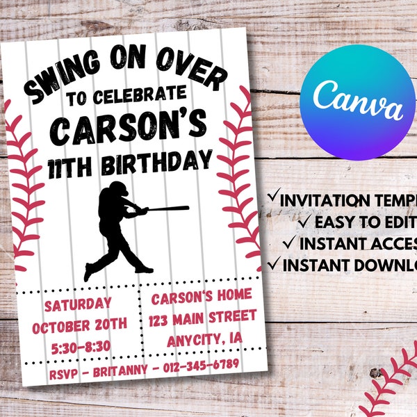 Baseball Birthday Party Invitation, Editable Template, Digital Baseball Birthday Invite, Canva Template, Digital Invite, Instant Download