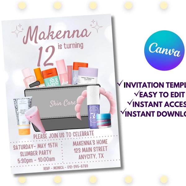 Skin Care Birthday Party Invitation, Editable Template, Digital Skin Care Birthday Invite, Canva Template, Digital Invite, Instant Download