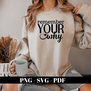 Può includere: Felpa beige con la scritta nera "remember YOUR why". La felpa è di colore neutro e ha un girocollo. L'immagine include anche una tazza grigio chiaro e il testo "PNG - SVG - PDF" in basso.