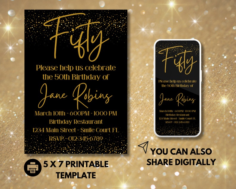 Black & Gold Birthday Invitation, Elegant Canva Template (digital ...