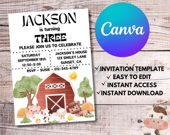 Farm Animals Birthday Invitation, Editable Barnyard Party Invite (Digital Download)