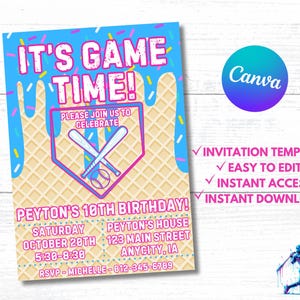 Baseball Drip Birthday Party Invitation, Digital Editable Canva Template, Baseball Ice Cream Drip Birthday Invite, Instant Access & Download