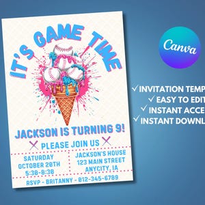 Baseball Drip Birthday Party Invitation, Digital/Editable Canva Template, Birthday Invite, Baseball Ice Cream Drip Invite, Instant Download