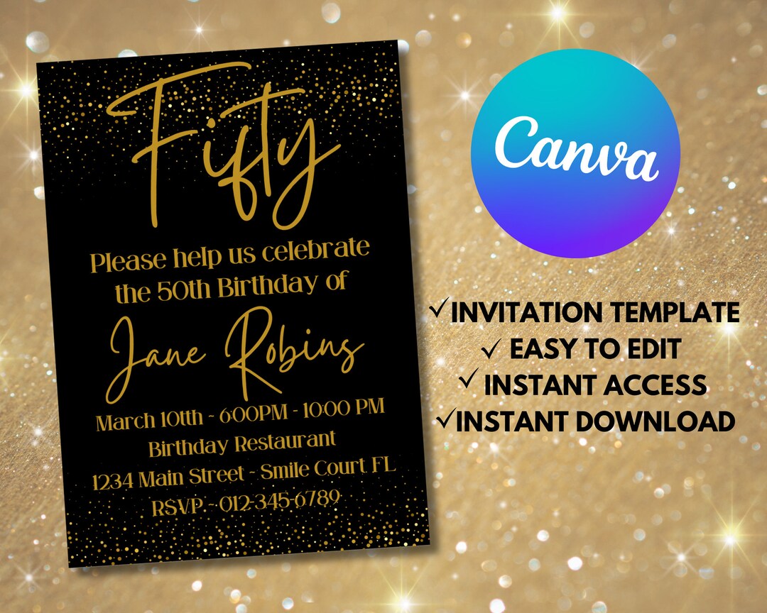 Black & Gold Birthday Invitation, Elegant Canva Template (digital ...
