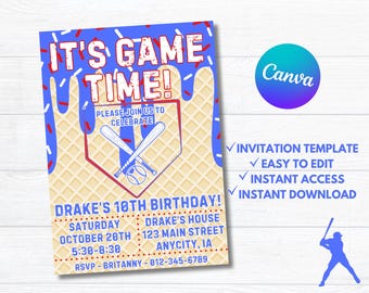 Invitación de cumpleaños con tema de béisbol, plantilla editable de Canva (descarga digital)