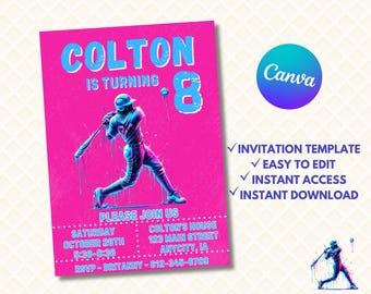 Invitación de cumpleaños con tema de béisbol, plantilla editable de Canva (descarga digital)