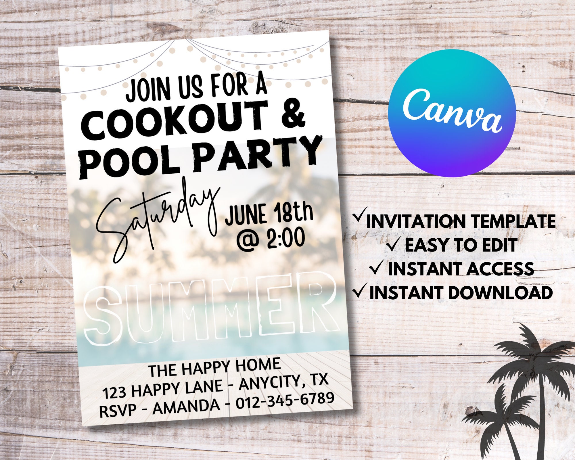 Cookout & Pool Party Invitation, Editable Summer Template (digital) - Etsy