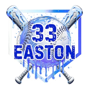 Op de afbeelding: Een honkbal-thema grafiek met een honkbal, twee gekruiste knuppels en de tekst "33 EASTON" in blauw. De honkbal heeft witte stiksels en is gedeeltelijk bedekt met blauwe waterdruppels. De knuppels hebben een waterachtig effect.
