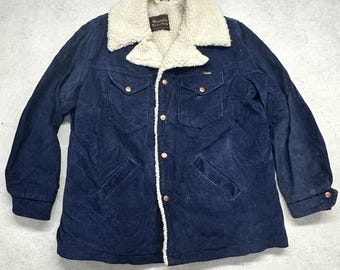 Vintage Wrangler Ranch Chore Coat Corduroy Sherpa Blue Mens XLarge Made In USA