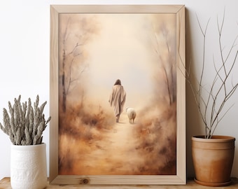 Jesus and The Lost Sheep | Printable Art | Digital Download | Digital Print | Christian Art | Jesus with Lamb | Wall Art | Muted Colors