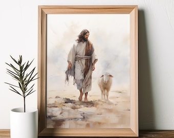 Jesus Walks with Lost Sheep | Printable Art | Digital Download | Digital Print | Christian Art | Jesus with Lamb | Wall Art | Muted Colors