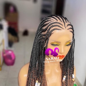 Perruque tressée en cornrow faite main, perruque tressée sur le devant, ombre noire et tresse brune, perruque tressée pleine dentelle légère