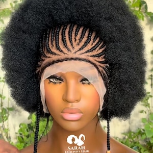 Afro Braided Wig,Kinky Afro Wig,Braided Wig with Beads,African Handmade Style,Full Lace Wig, Glueless Wig,Short Braided Wig, Black Afro Wig