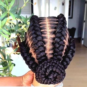 Handgefertigte geflochtene Perücke: Cornrow Updo Bun, Natürlicher Haaransatz