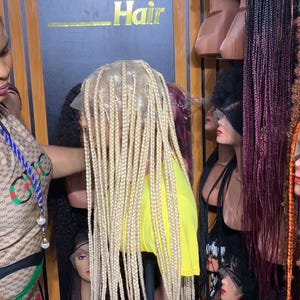 Blonde color braids, box braids wigs with beads blonde color braided wig for black women glueless wig for women african hand made braids