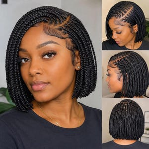 May include: A black bob-length wig featuring intricate, small-scale box braids. The hairstyle includes a side part with defined, laid edges along the hairline, showcasing a uniform, chin-length cut that frames the face with a sleek, dark finish.