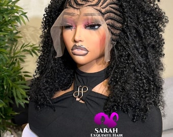 Peluca afro rizada con trenzas, encaje completo, color negro natural