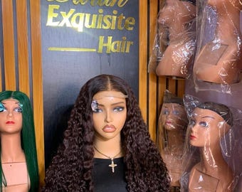 Burmese Human Hair Wig: 24" Brown Tight Curls Closure Wig