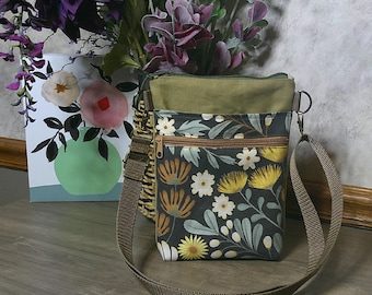 Bolso bandolera de lona encerada: bolso de mano con cremallera floral, bolso de hombro