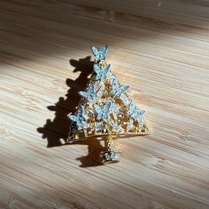 Vintage Brooch Signed Graziano Christmas Tree Butterfly Clear Rhinestones Gold Tone