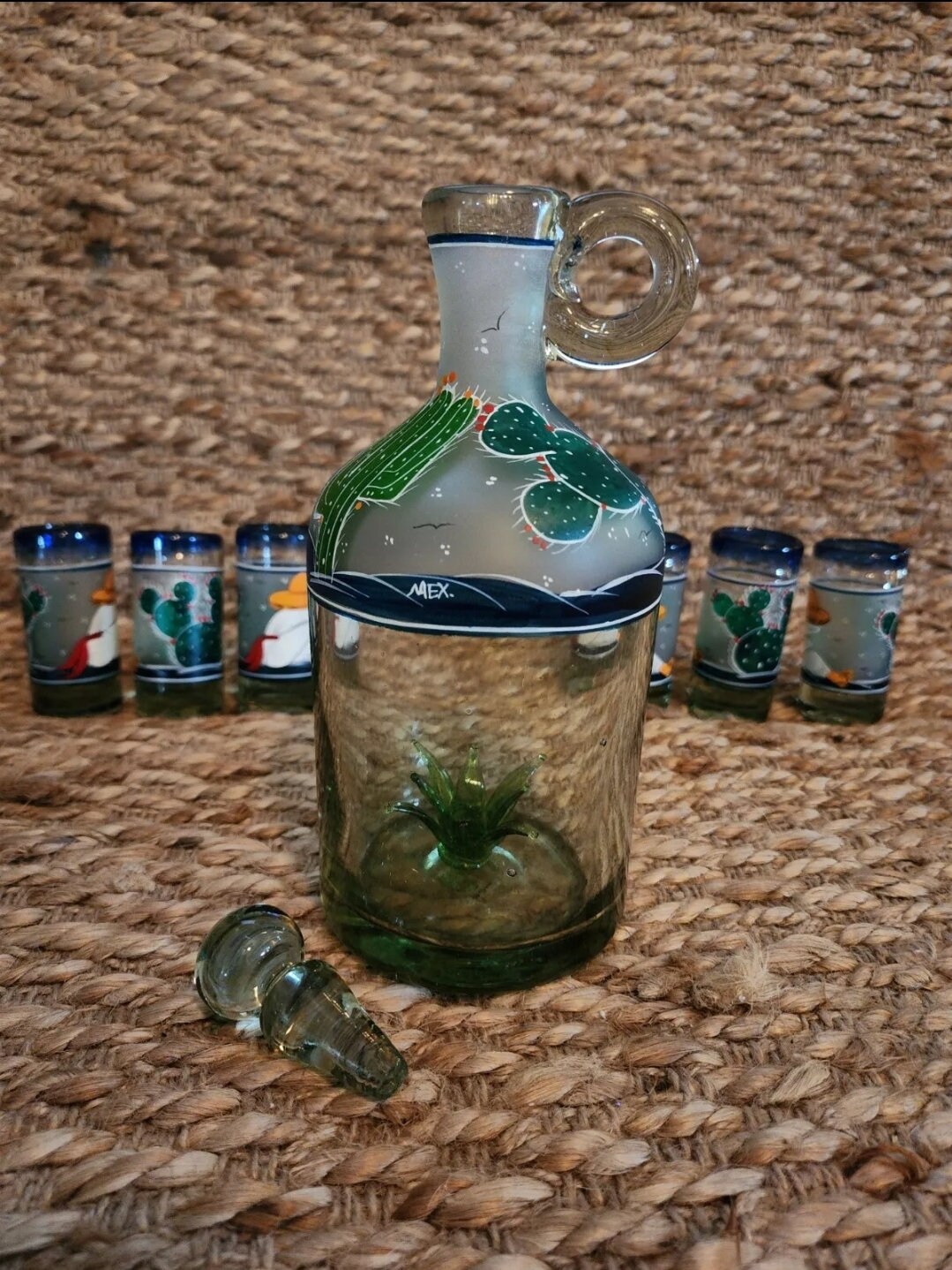 Mexican Hand Blown Frosted Tequila Bottle &amp; 6 Shot Glasses Hand Painted ...