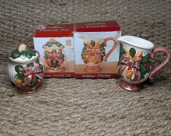 Juego de crema y azúcar de acebo navideño vintage de cerámica para decoración de mesa navideña