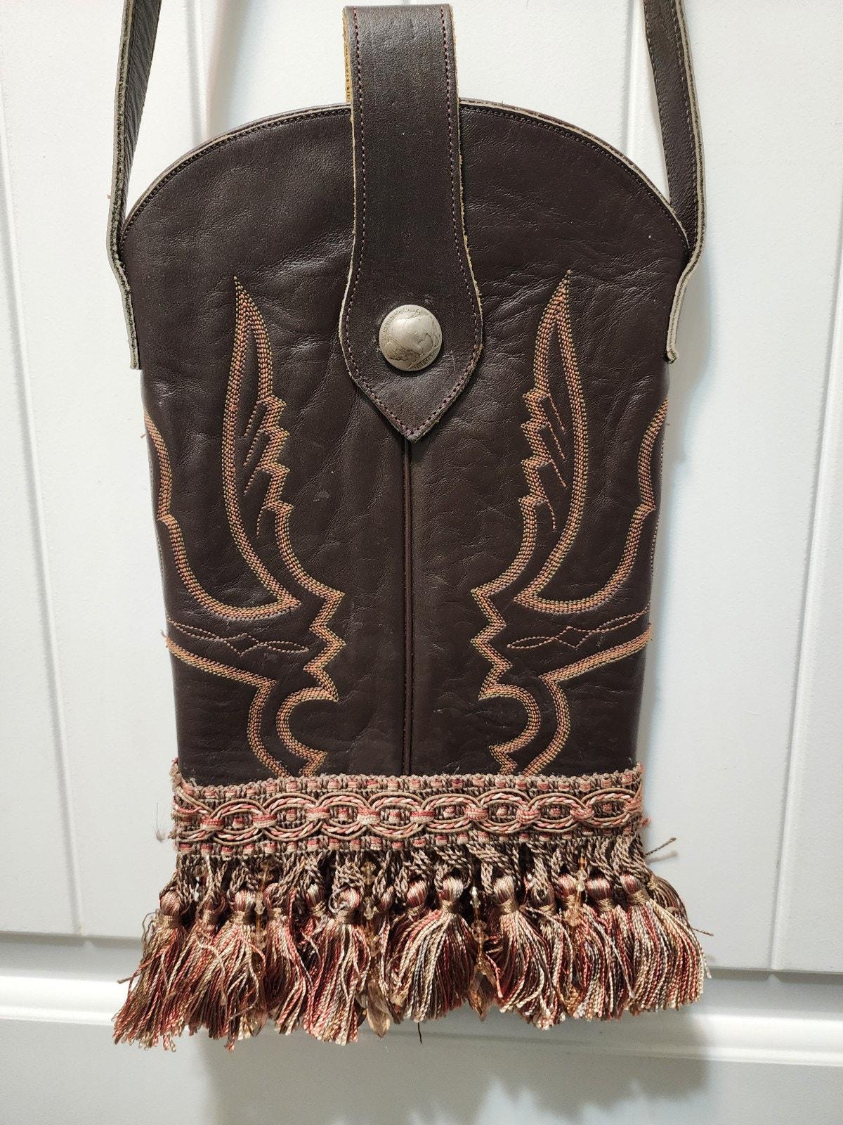 Leather Boot Crossbody Bag Shoulder Purse Beaded Hand Crafted Cowgirl Western