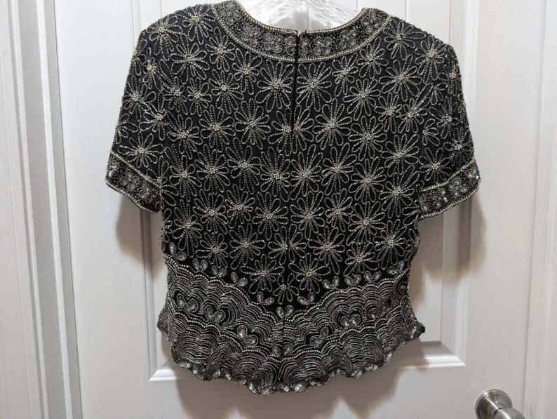 Adrianna Papell Black Silk Sequin Beaded Top Shirt Womens L Evening Cocktail image 9