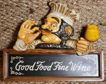 3D Chef Wall Hanging Sign Plaque "Good Food Fine Wine" Kitchen Restaurant Decor