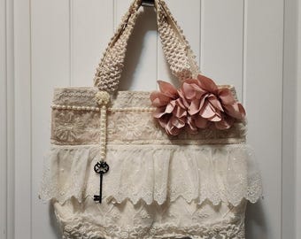 Elfenbein Shabby Chic Geldbörse Spitze Handtasche Schleife Rose Perlen Perlen Stoff Blume