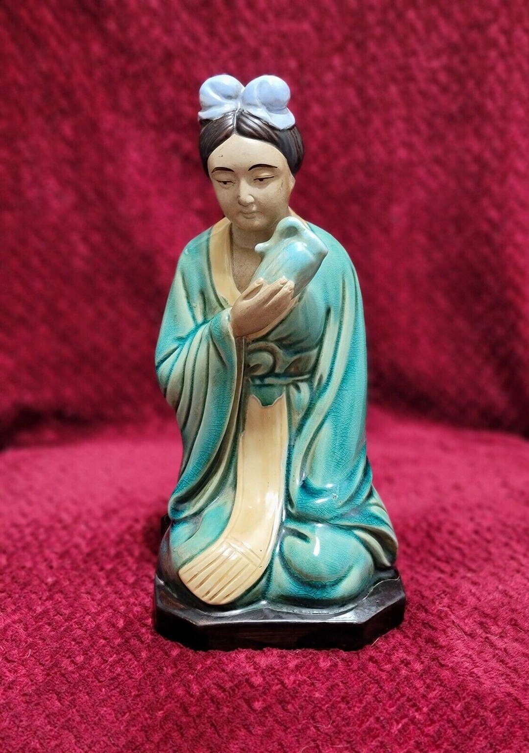 ヴィンテージアンティーク中国陶器泥女座像 高さ11インチ x 幅5.5